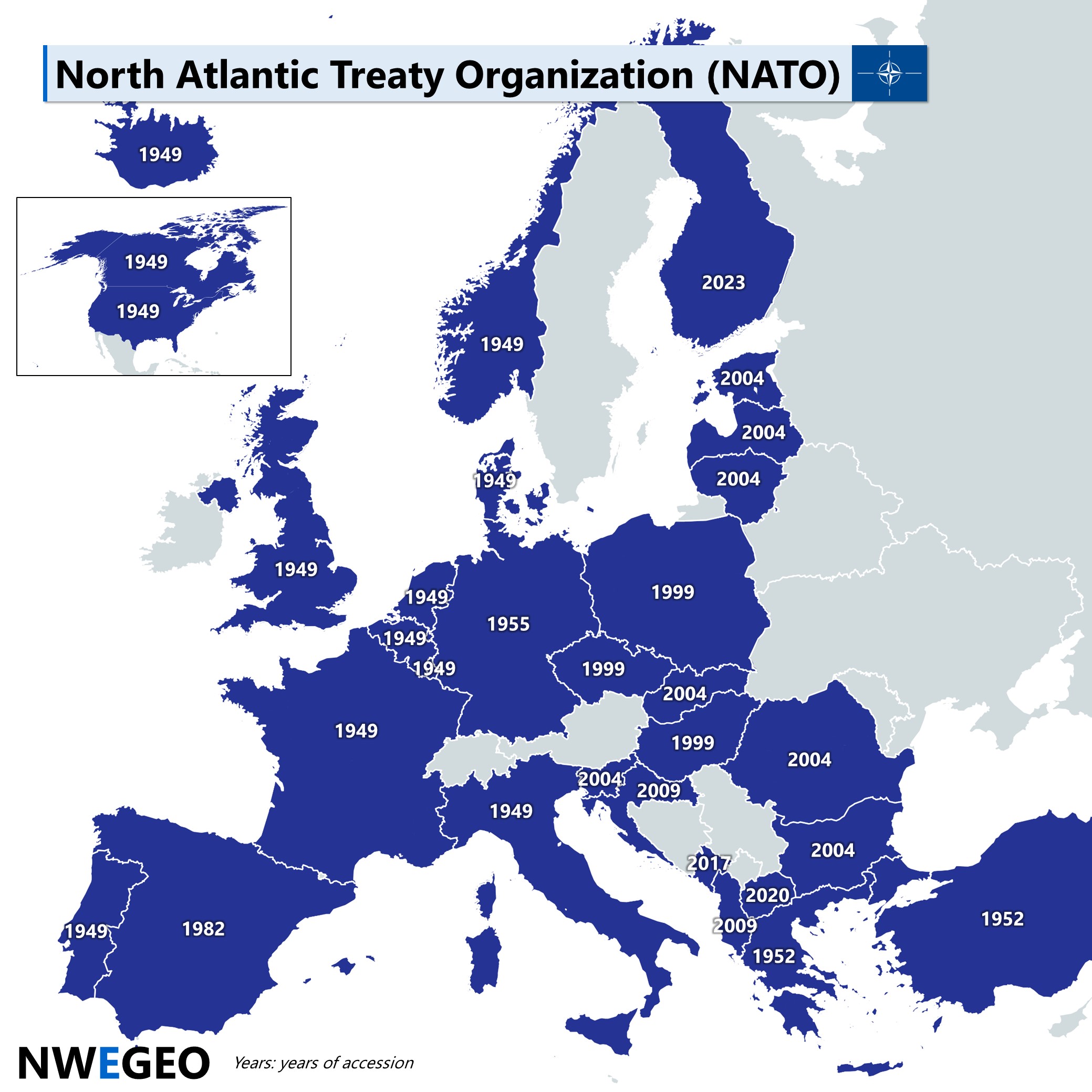 Europe map: NATO member states with years of accession - NWEGEO